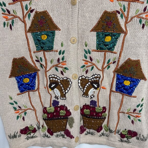 Vintage One Resource Beige Button-Up Sweater Vest Birdhouse Embroidered Sz S - Picture 3 of 8
